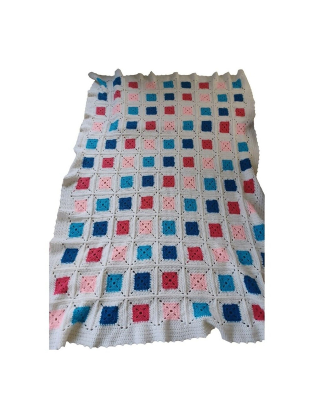 Vntg LargeHandmade Granny Square Crocheted Afghan Blanket 80”X120"‎